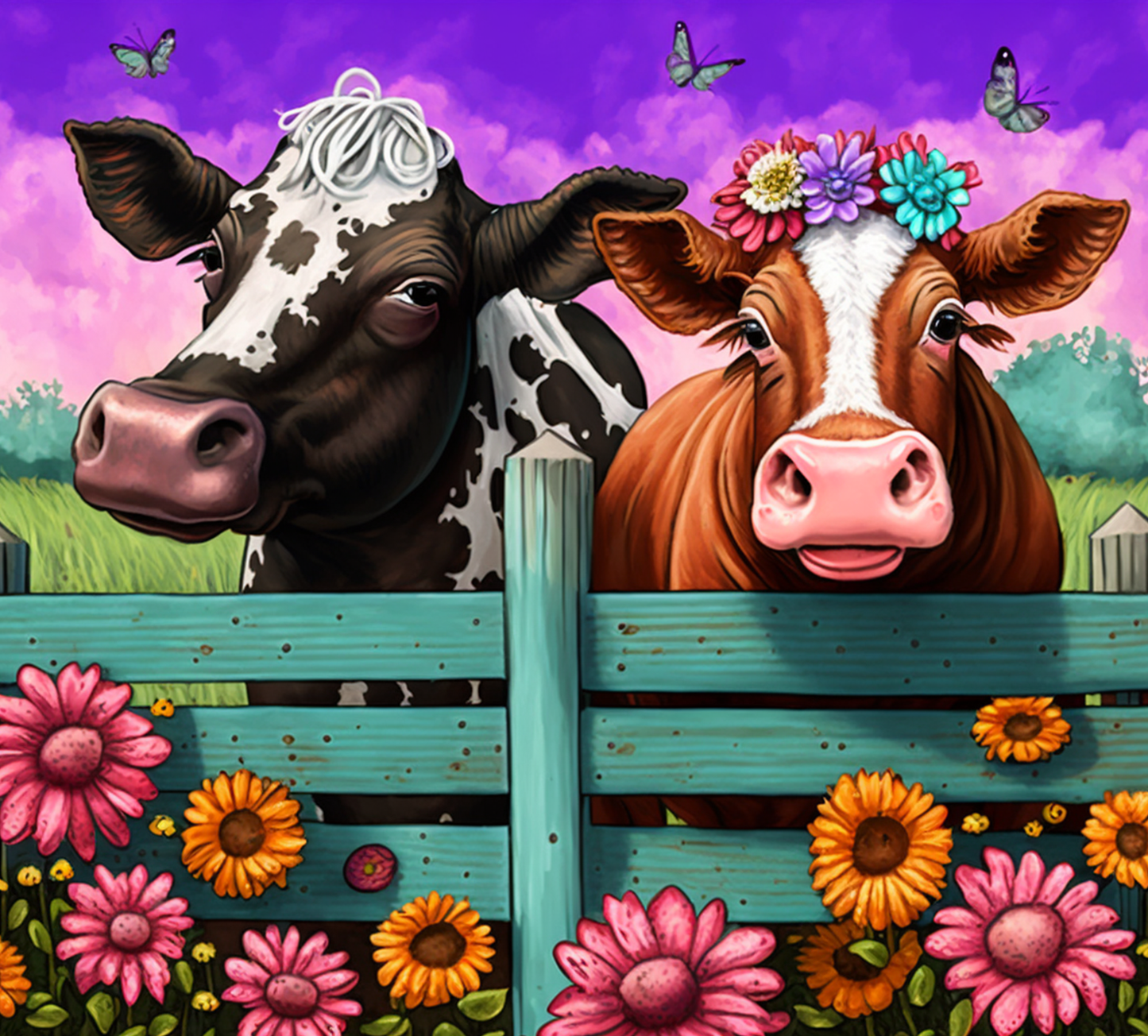 Floral Cows in Sunset